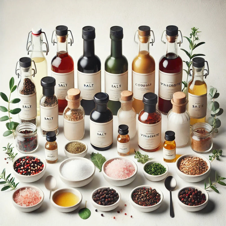 condiments, sels, moutarde, épices, vinaigre, etc ...